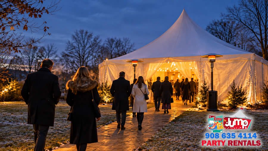 Guests in winter coats walking toward a lit party tent entrance on a cold evening