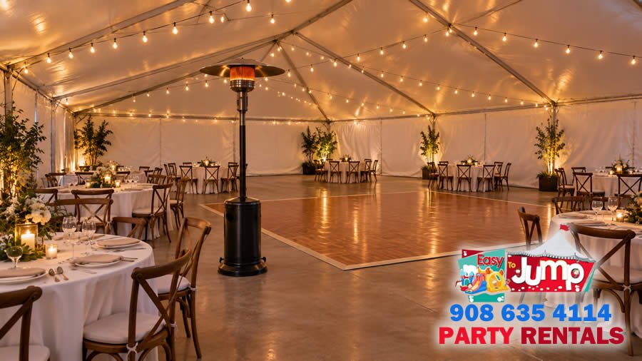 Interior of an enclosed party tent with round tables, dance floor and a gas patio heater placed with clear space around it.