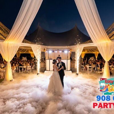 Newlywed couple performing a first dance with low lying fog dancing in the clouds effect under a white high peak wedding tent during sunset