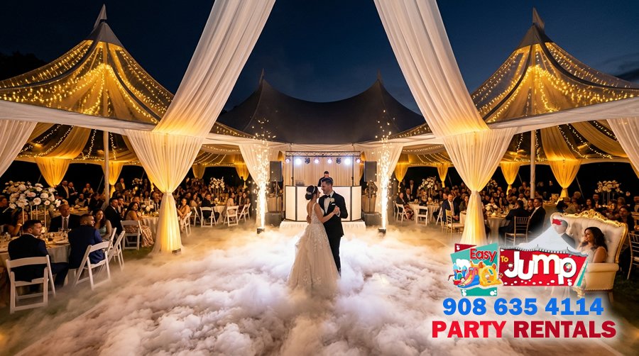Newlywed couple performing a first dance with low lying fog dancing in the clouds effect under a white high peak wedding tent during sunset