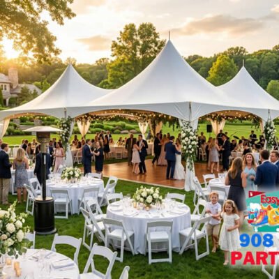 Outdoor wedding reception setup under a white high peak commercial tent in New Jersey featuring guest round tables, patio heaters, a wooden dance floor, and a catering buffet