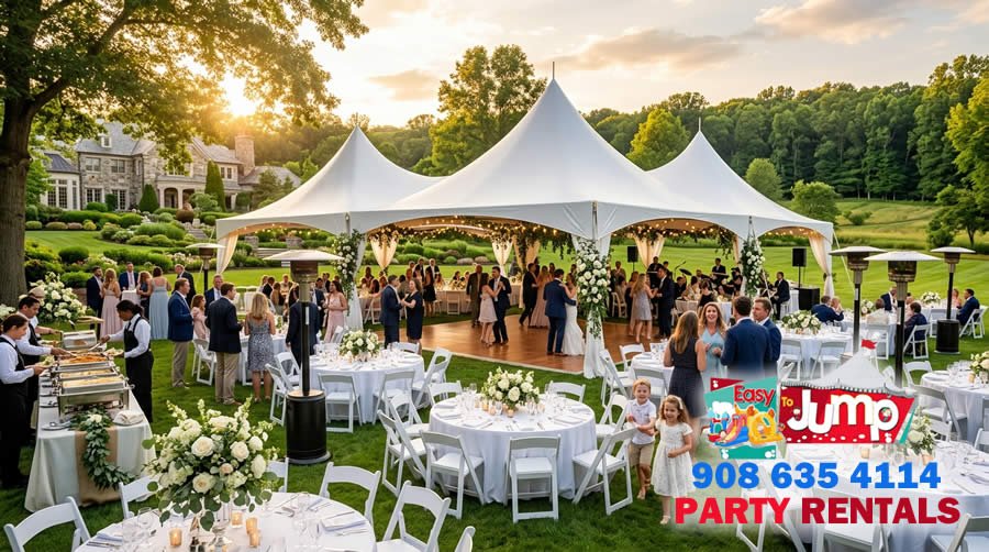 Outdoor wedding reception setup under a white high peak commercial tent in New Jersey featuring guest round tables, patio heaters, a wooden dance floor, and a catering buffet