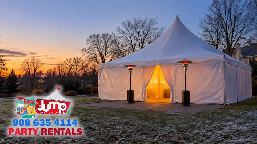 White high peak tent with closed walls glowing at dusk on a New Jersey lawn in late autumn
